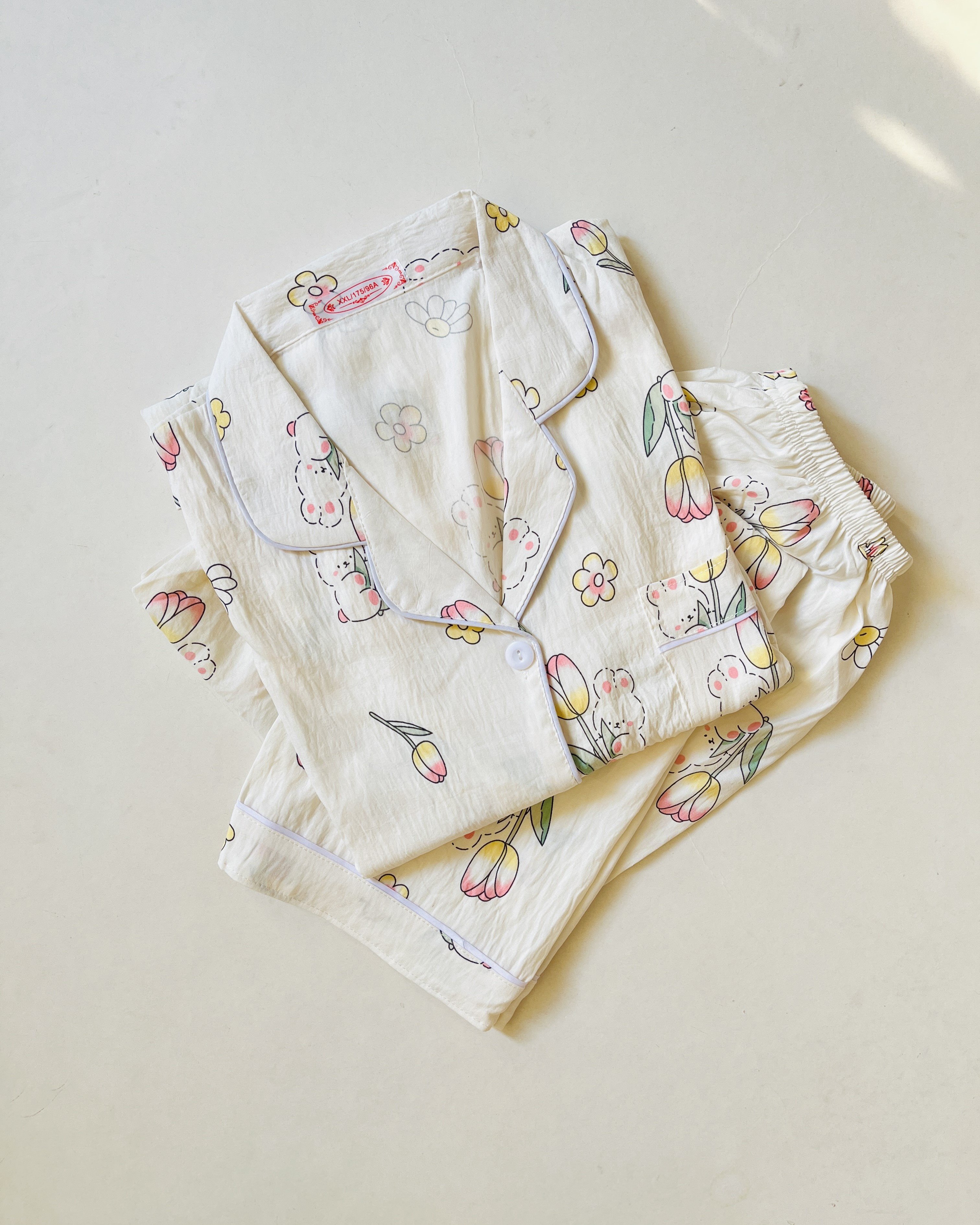 تصویر ست بلوز و شلوار نخ موسلین آستین بلند طرح خرگوش و لاله- کد N10 