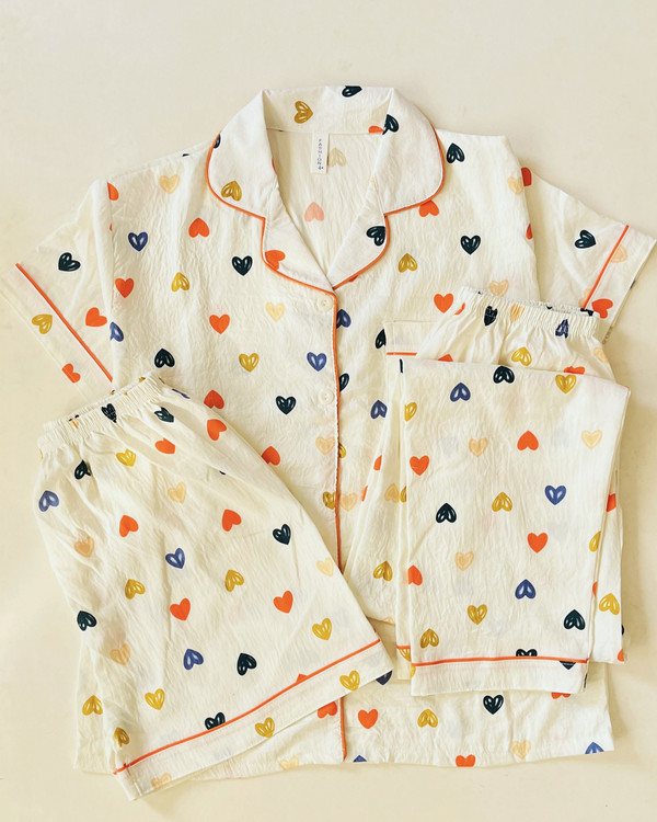 ست سه تیکه بلوز، شلوار و شلوارک نخ موسلین آستین کوتاه