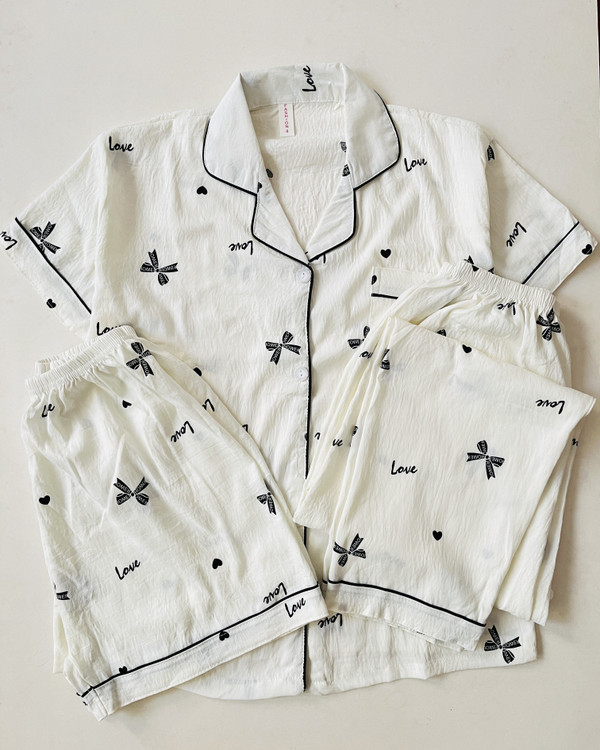 ست سه تیکه بلوز، شلوار و شلوارک نخ موسلین آستین کوتاه قلب و پاپیون